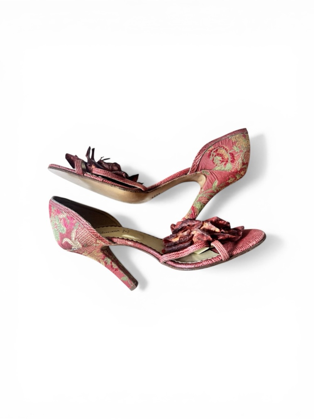 Vintage Floral Brocade Open-Toe Heels with Decorative Rosette